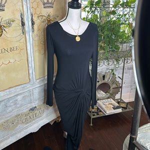 Aster the label fine gauge knit draped asymmetrical slit dress.